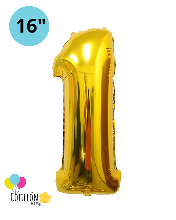 Globo Número 1 Metalizado 16" – Dorado, Plateado y Diseños