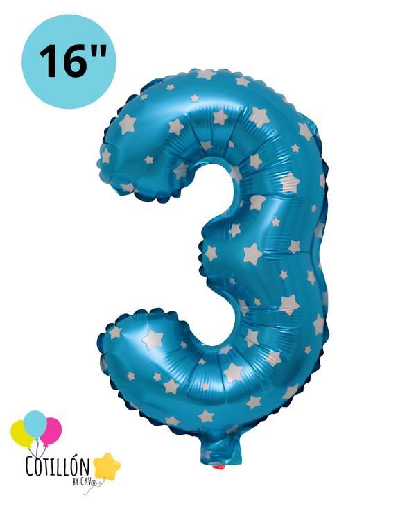 Globo Número 3 Metalizado 16" – Dorado, Plateado y Diseños