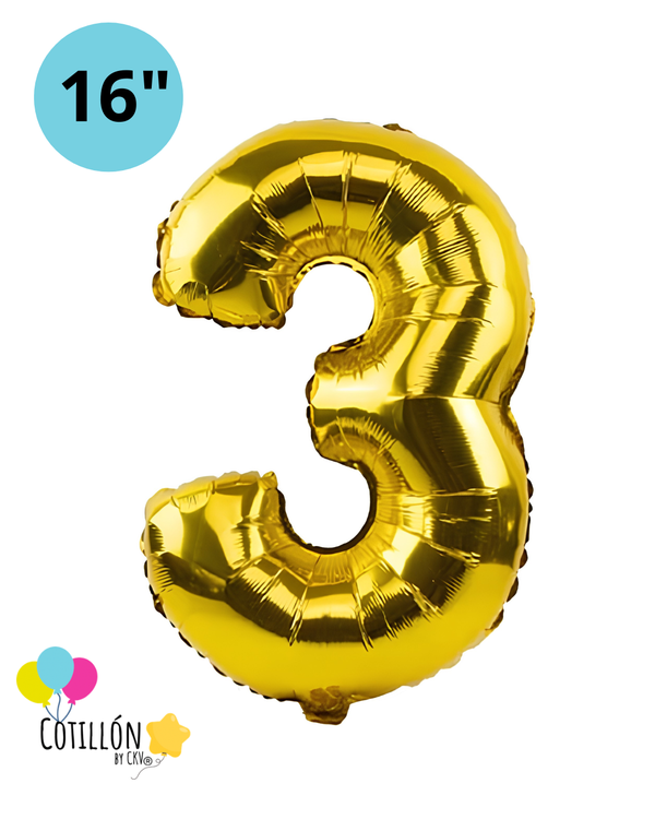 Globo Número 3 Metalizado 16" – Dorado, Plateado y Diseños