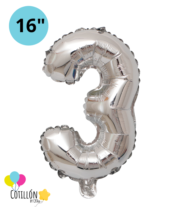 Globo Número 3 Metalizado 16" – Dorado, Plateado y Diseños