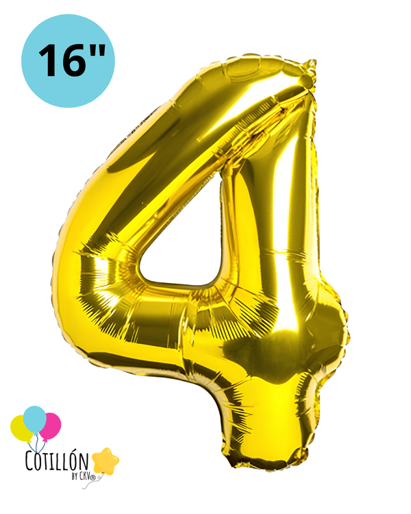 Globo Número 4 Metalizado 16" – Dorado, Plateado y Diseños