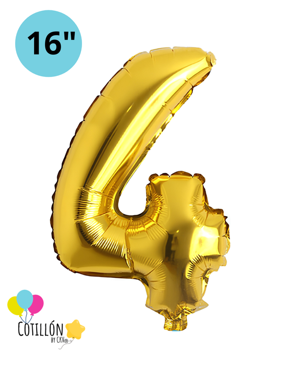 Globo Número 4 Metalizado 16" – Dorado, Plateado y Diseños