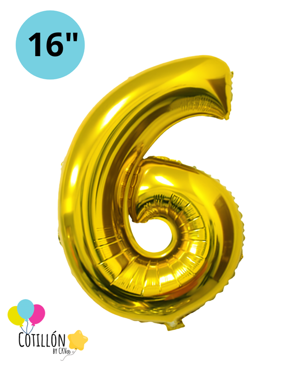 Globo Número 6 Metalizado 16" – Dorado, Plateado y Diseños