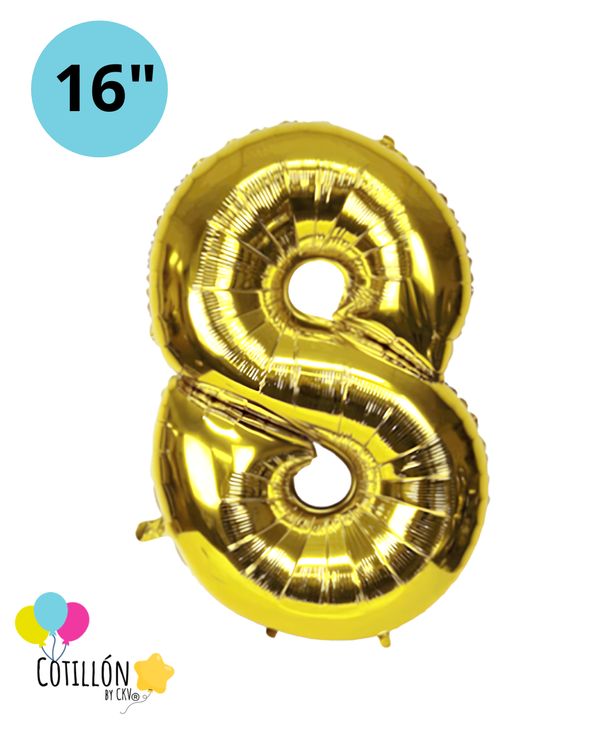 Globo Número 8 Metalizado 16" – Dorado, Plateado y Diseños