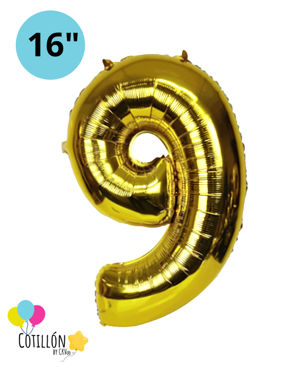 Globo Número 9 Metalizado 16" – Dorado, Plateado y Diseños