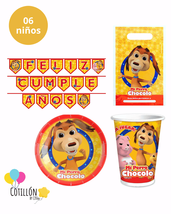 Kit de cotillón Mi Perro Chocolo para cumpleaños de 6 niños con platos vasos bolsa de dulces y guirnalda feliz cumpleaños