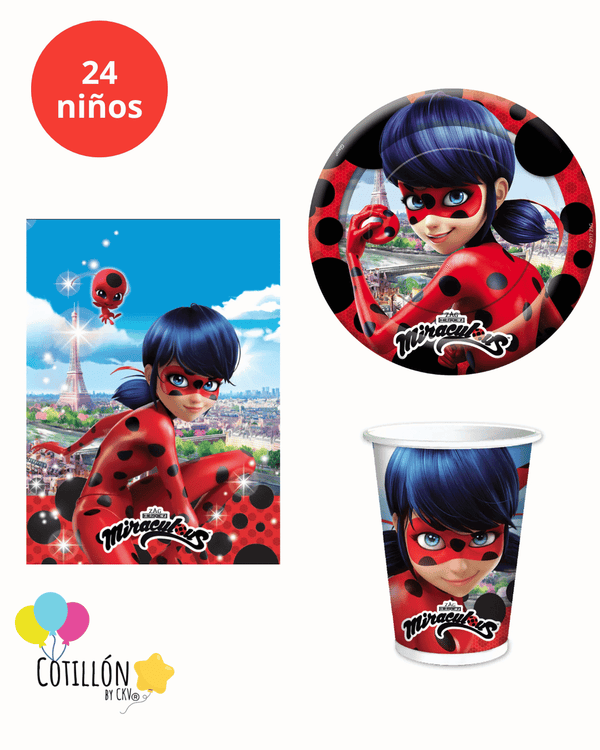 Cotillón completo Ladybug para celebraciones de 24 niños con platos vasos y mantel de cumpleaños.