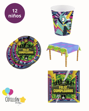 Artículos de fiesta Fortnite para cumpleaños gamer de 12 niños con mantel plato vasos y servilletas