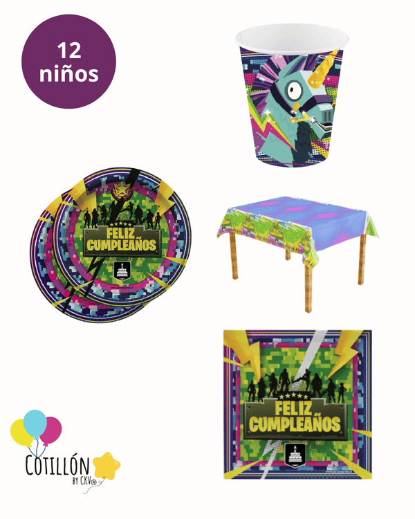 Artículos de fiesta Fortnite para cumpleaños gamer de 12 niños con mantel plato vasos y servilletas