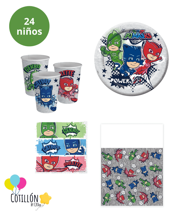 Set de decoración PJ Masks para cumpleaños de 24 niños con mantel servilleta platos y vasos de cotillón.