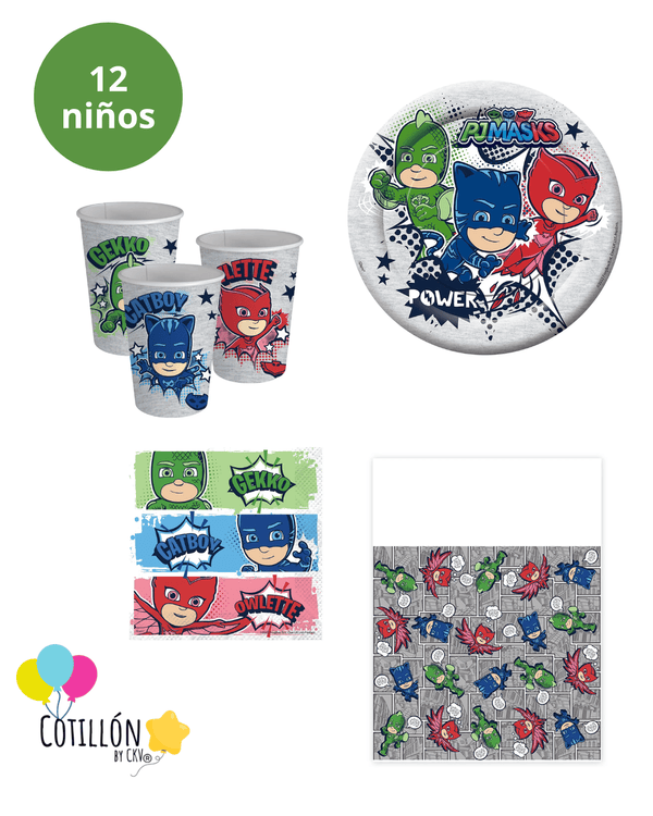 Kit de cotillón Heroes en Pijamas para fiesta infantil de 12 niños con vasos platos mantel y servilletos