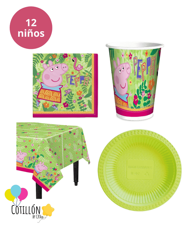 kit de cumpleaños Peppa Pig para 12 niños con mantel servilleta vasos y platos de la tematica.