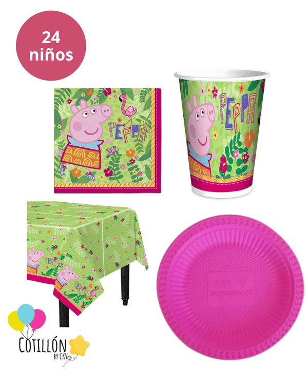 Kit de cotillón Peppa Pig para cumpleaños de 24 niños con mantel servilletas vasos y platos de la tematica.