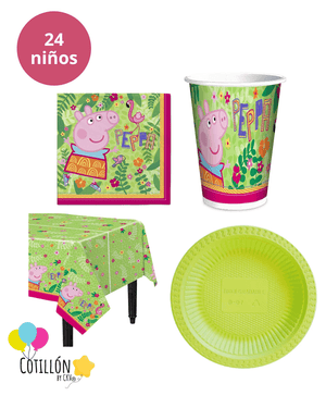Cotillón completo Peppa Pig para celebraciones de 24 niños con platos vasos mantel y servilletas de la tematica.
