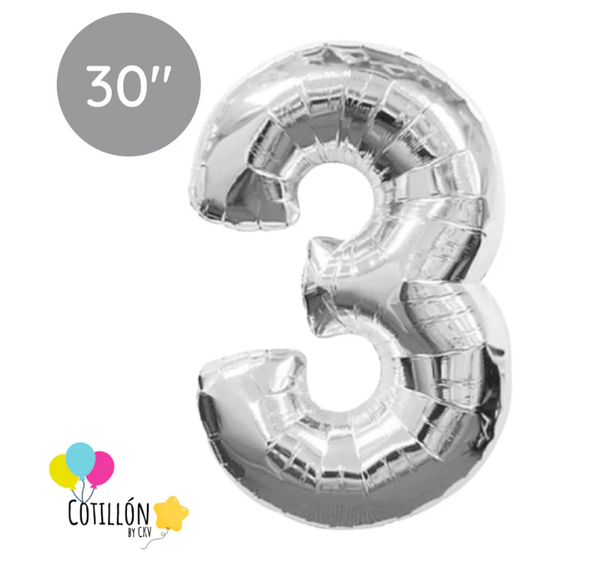 Globo Número 3 Metalizado 30" – Dorado, Plateado y Negro
