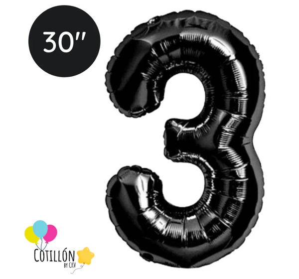 Globo Número 3 Metalizado 30" – Dorado, Plateado y Negro