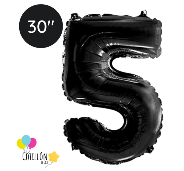 Globo Número 5 Metalizado 30" – Dorado, Plateado y Negro