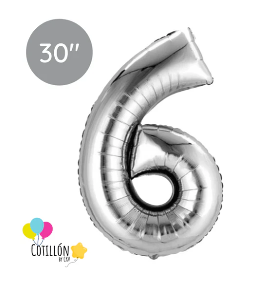 Globo Número 6 Metalizado 30" – Dorado, Plateado y Negro