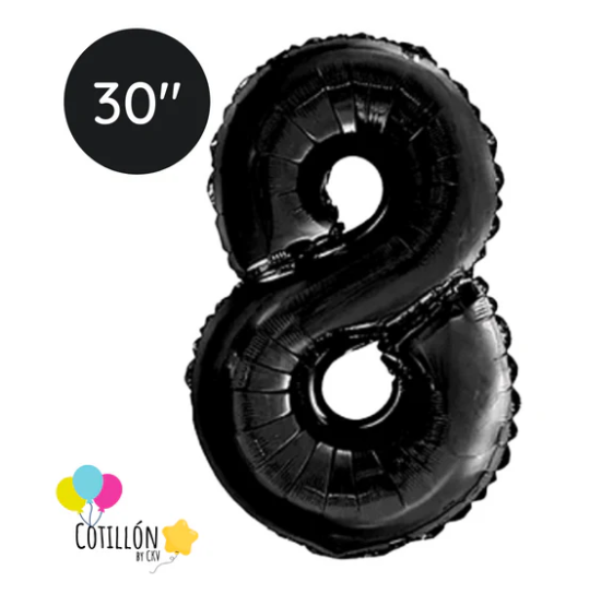 Globo Número 8 Metalizado 30" – Dorado, Plateado y Negro