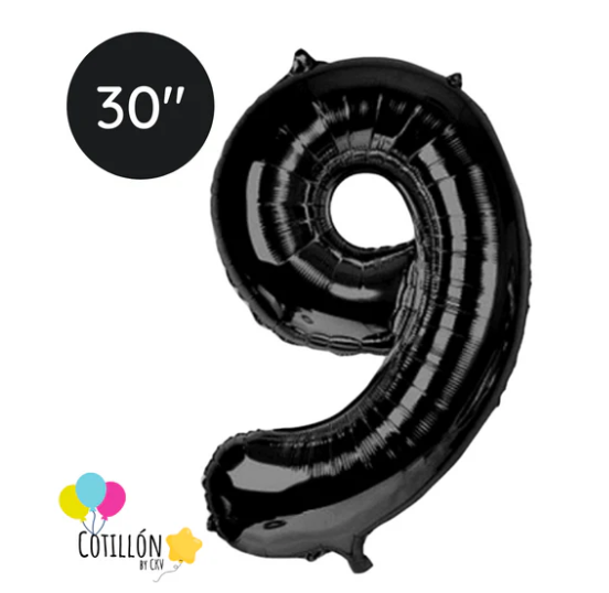 Globo Número 9 Metalizado 30" – Dorado, Plateado y Negro