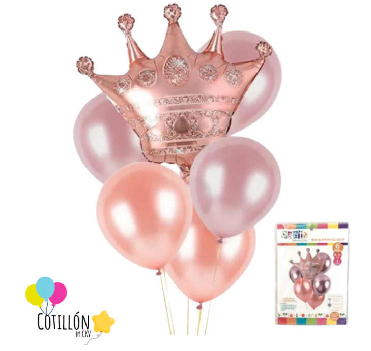 Bouquet de Globos Corona – Dorado, Negro y Rosa Gold