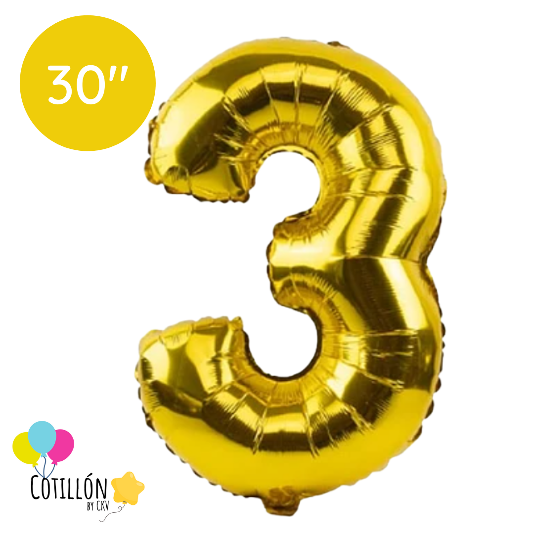Globo Número 3 Metalizado 30" – Dorado, Plateado y Negro