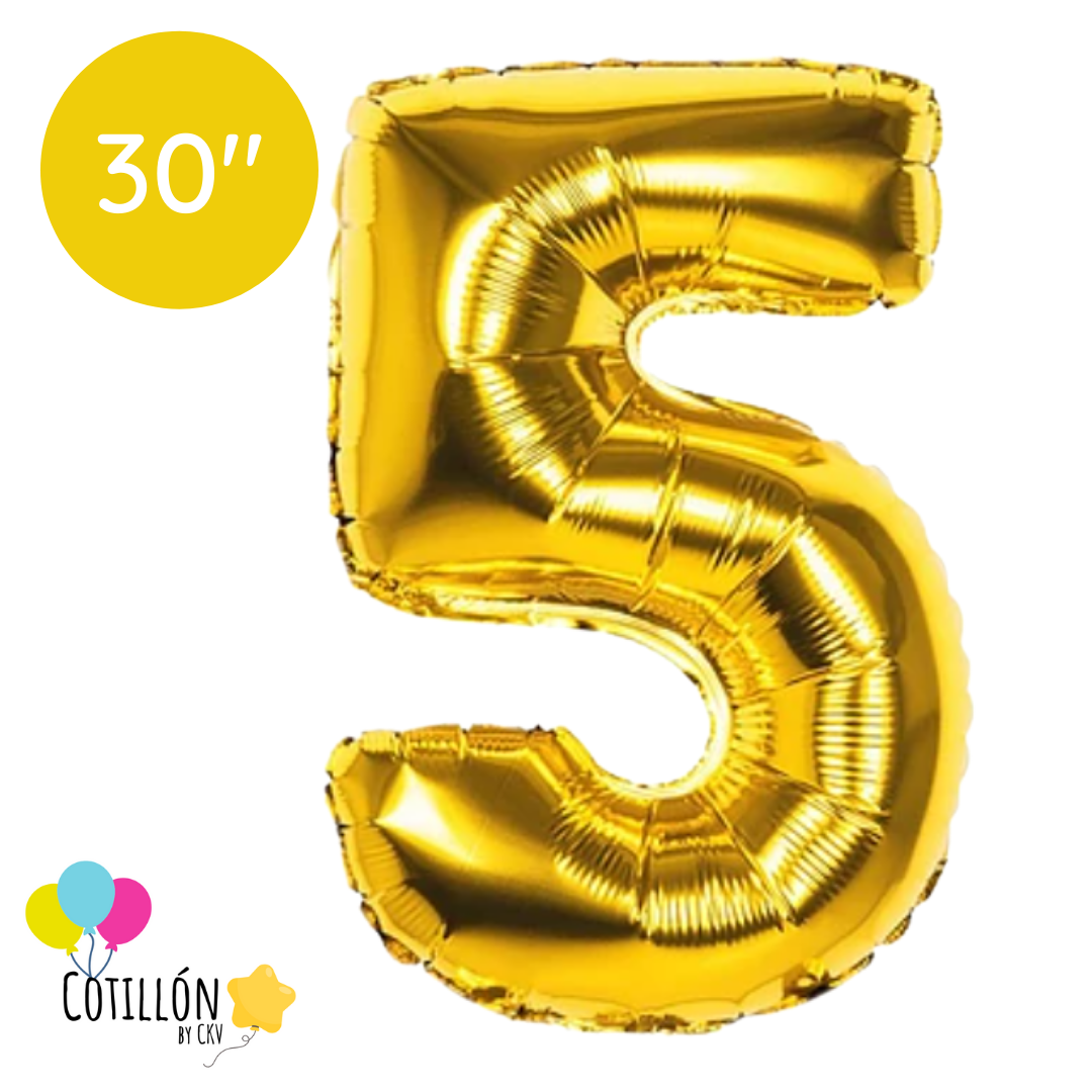 Globo Número 5 Metalizado 30" – Dorado, Plateado y Negro