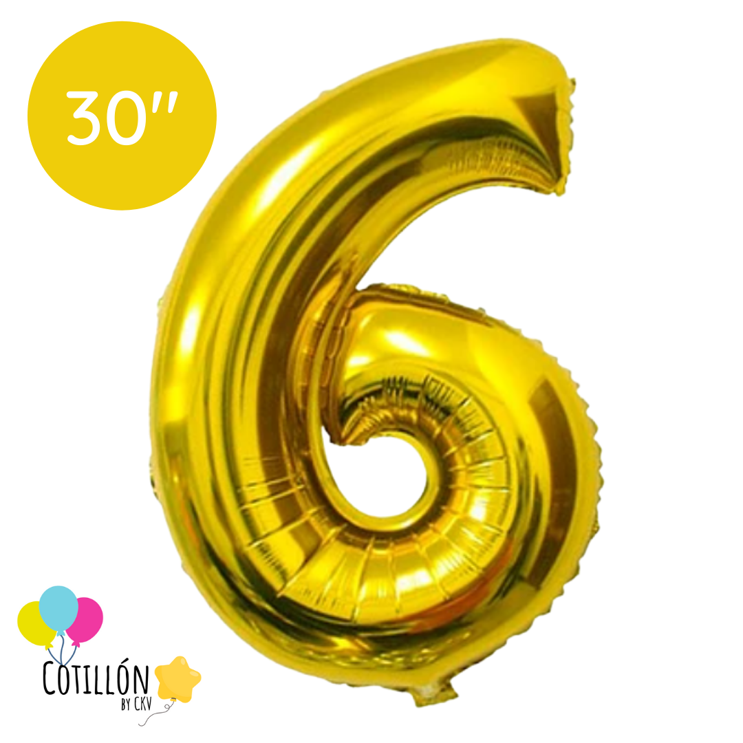 Globo Número 6 Metalizado 30" – Dorado, Plateado y Negro