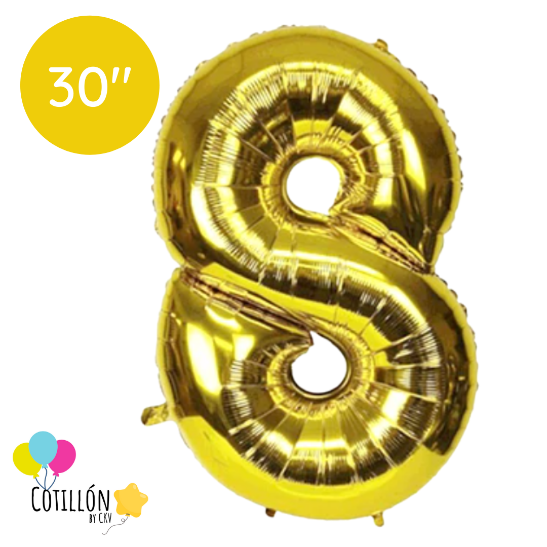 Globo Número 8 Metalizado 30" – Dorado, Plateado y Negro