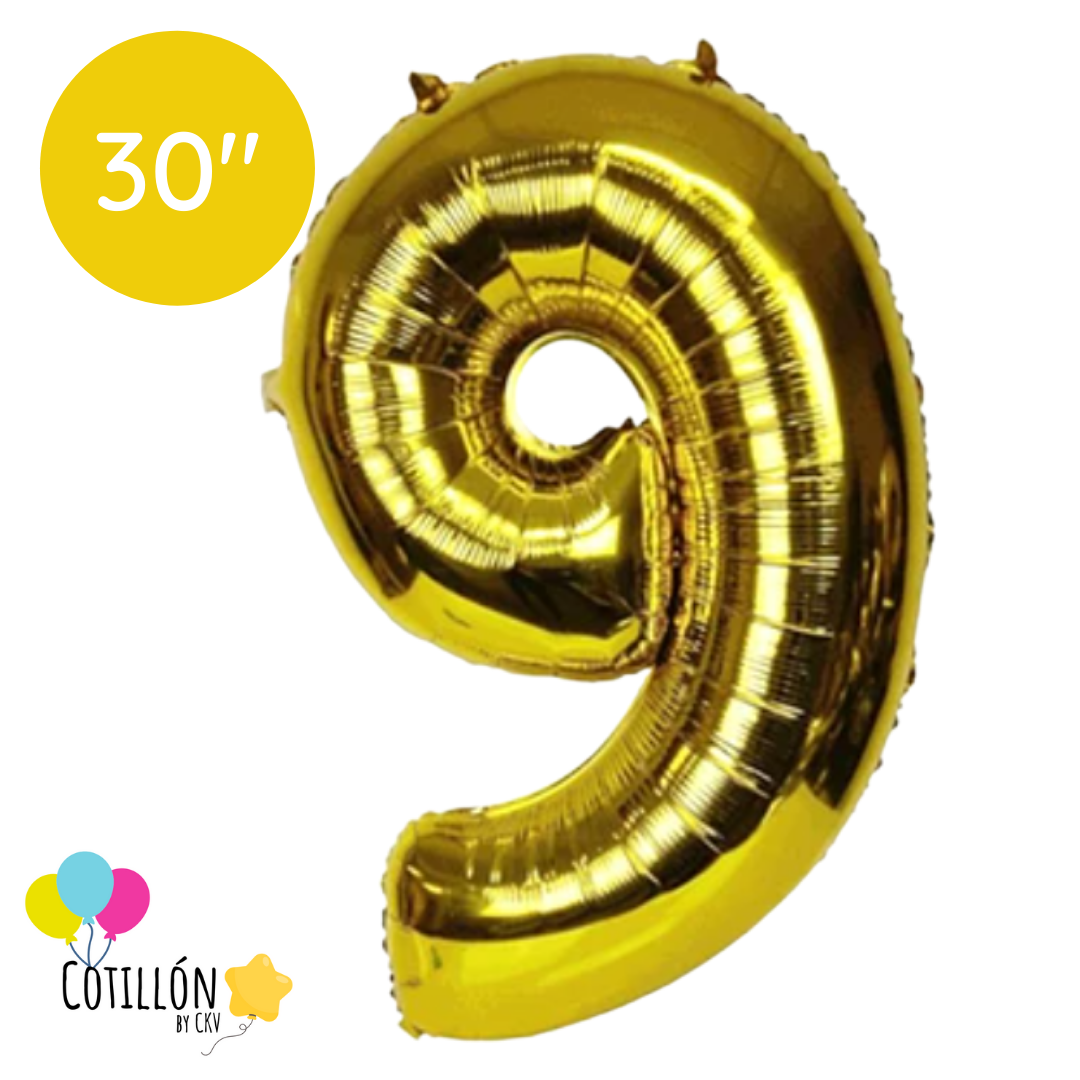 Globo Número 9 Metalizado 30" – Dorado, Plateado y Negro