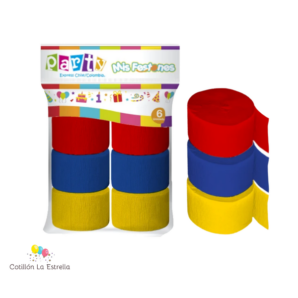 Festón Rojo / Azul / Amarillo x 6 Unidades